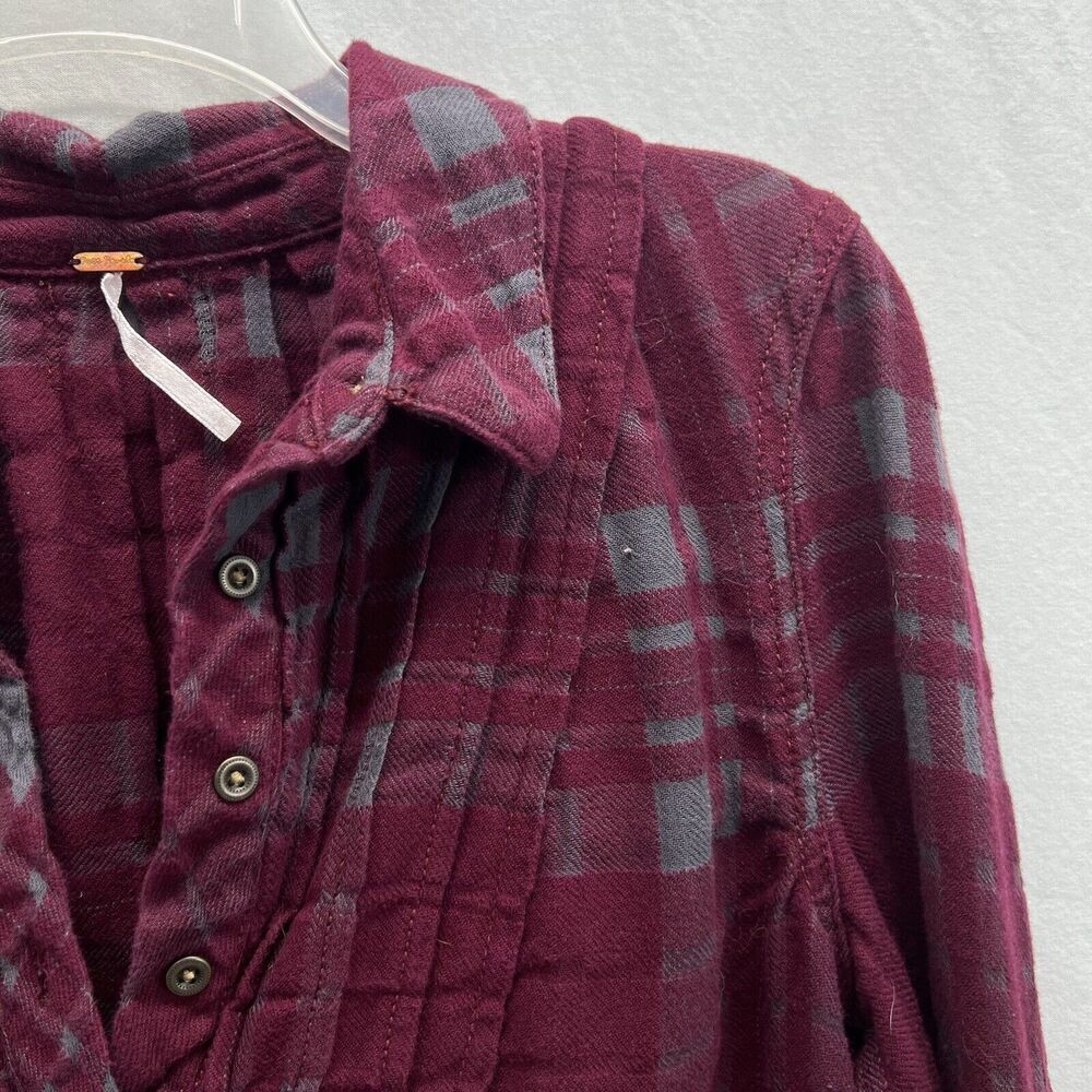 Free People Baby Blues Plaid Tunic Top Small Flannel Burgundy Pockets - Picture 3 of 16